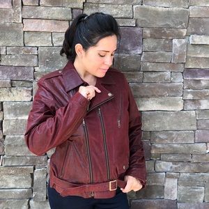 Maroon, leather, biker jacket. Made in Ecuador.